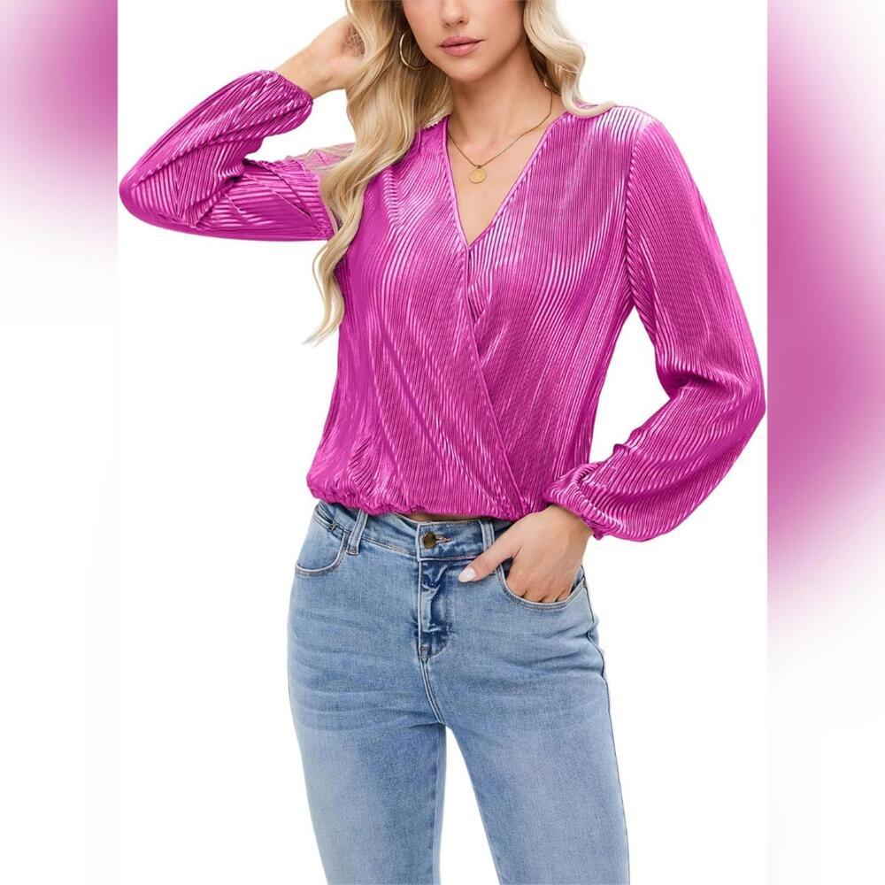 NWT Easy Fair Surplice Neck Blouse with Long Peasant Sleeve, Hot Pink, Medium